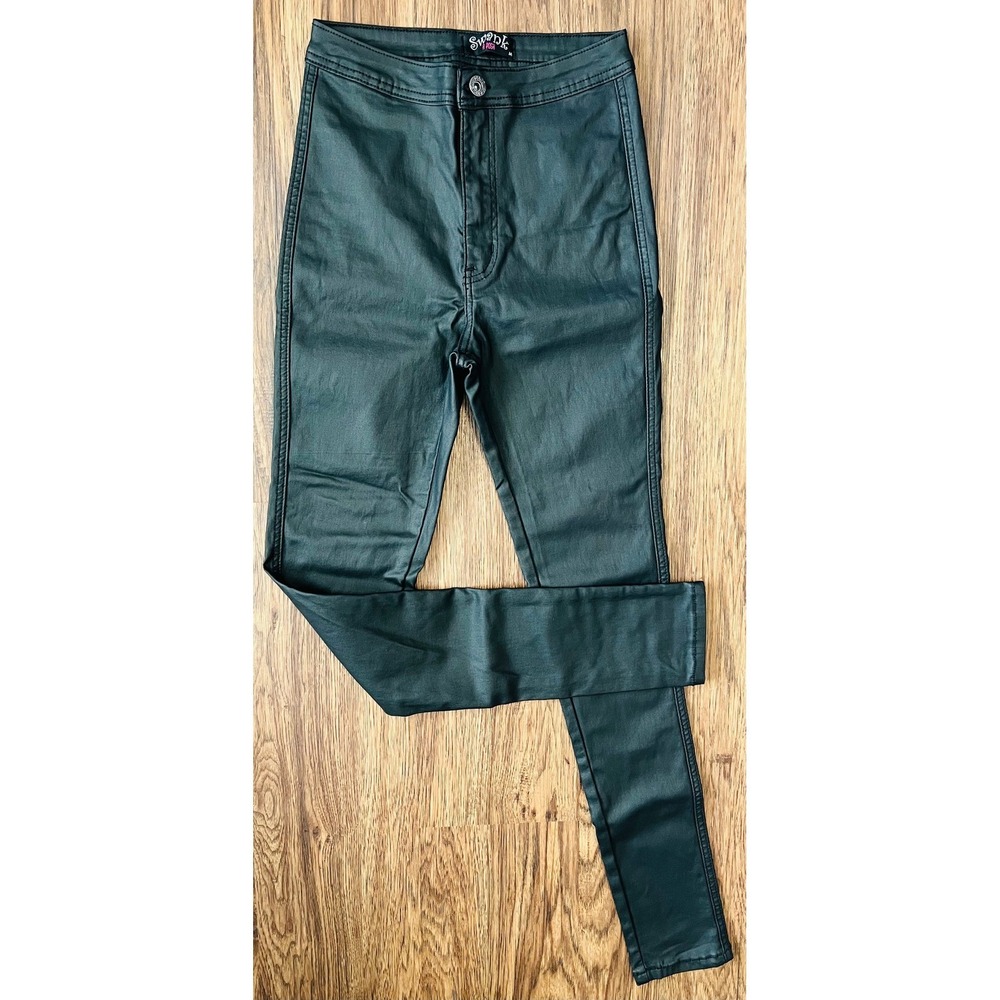 Swank A Posh Womens Black HighRise Coated SkinnyPants Dark Faux Leather Look S/P